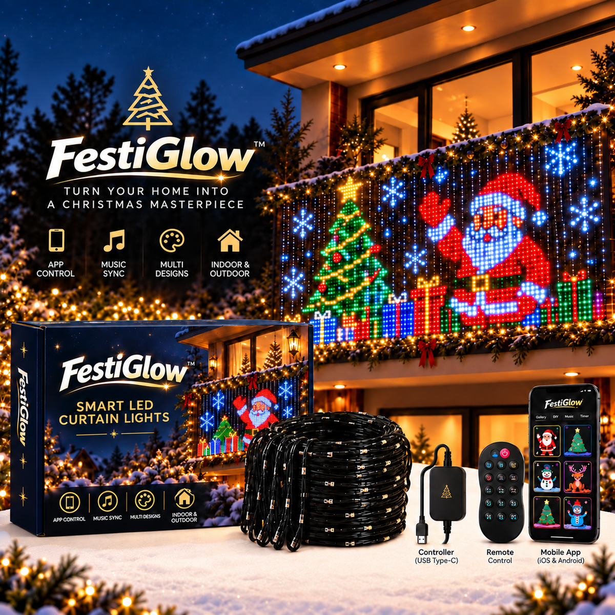 FestiGlow Smart LED Curtain Lights